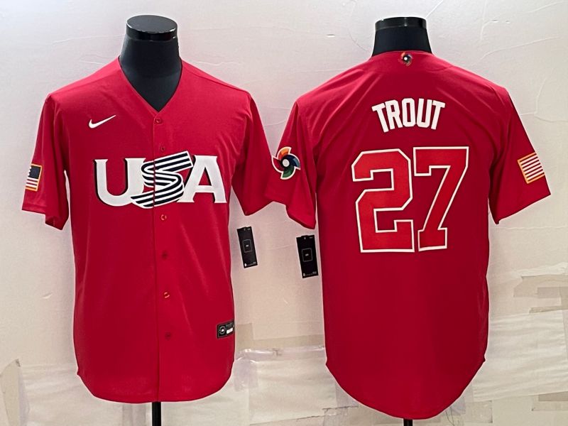Men 2023 World Cub USA 27 Trout Red Nike MLB Jersey9